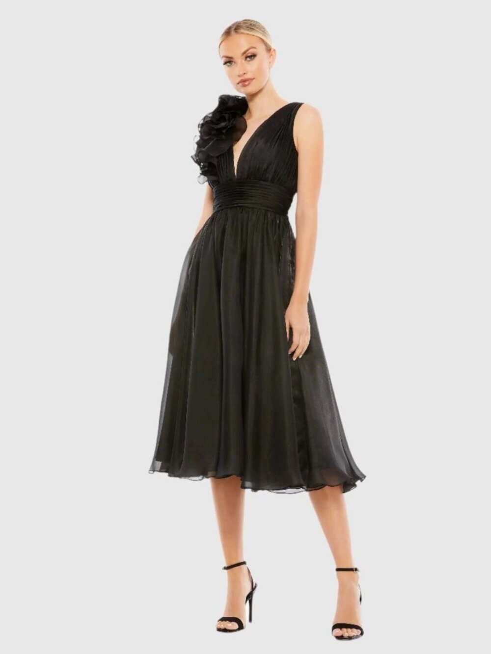 MAC DUGGAL Size 0 Black 70165 Plunging V Neck Ruffled A-Line Cocktail Dress Midi